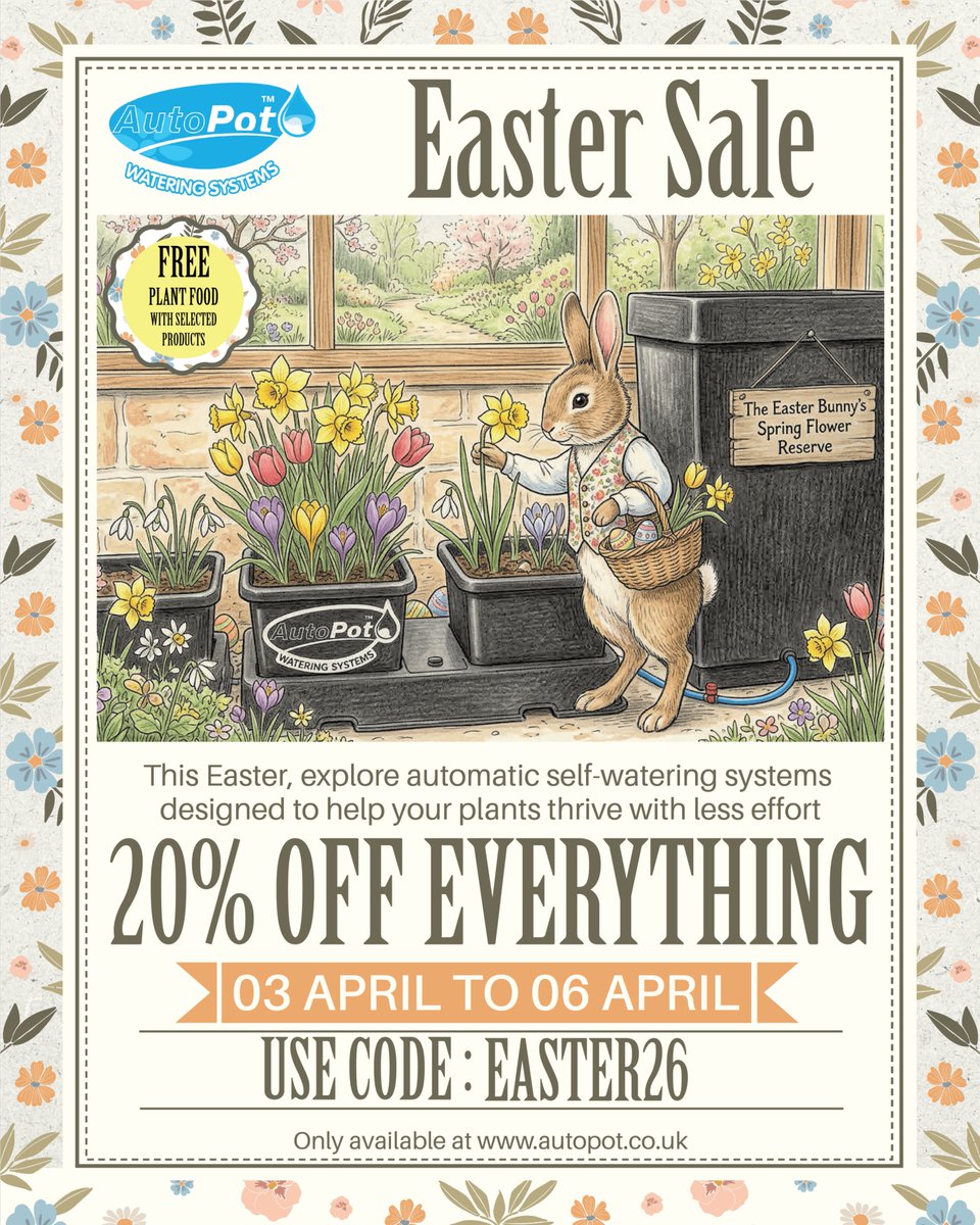 AutoPotUK's tweet photo. Happy Easter UK growers 🌱🐰

Grow twice as much with less effort
easy2grow = simple, consistent watering 💧

🎁 Free fertiliser with easy2grow (and selected products) 

✨ 20% OFF EVERYTHING
📅 03–06 April
👉 https://t.co/7dnyJ5poFk 
#easy2grow #EasterSale https://t.co/4V0rFX5mAF