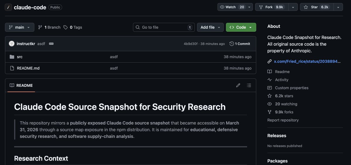 Less than an hour after the Claude Code leaked and already pushing 11k forks with hundreds of issues opened 🤣