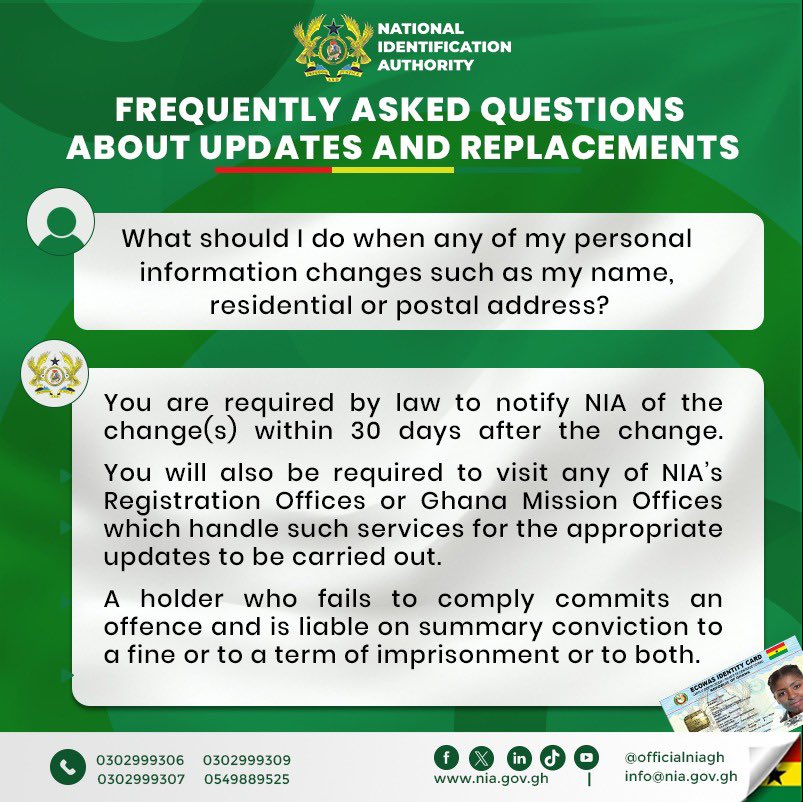 Keep your details up to date and stay compliant.

If your name, address, or any personal information changes, be sure to notify the NIA within 30 days and visit a registration office to have your records updated. It’s your responsibility and it matters.