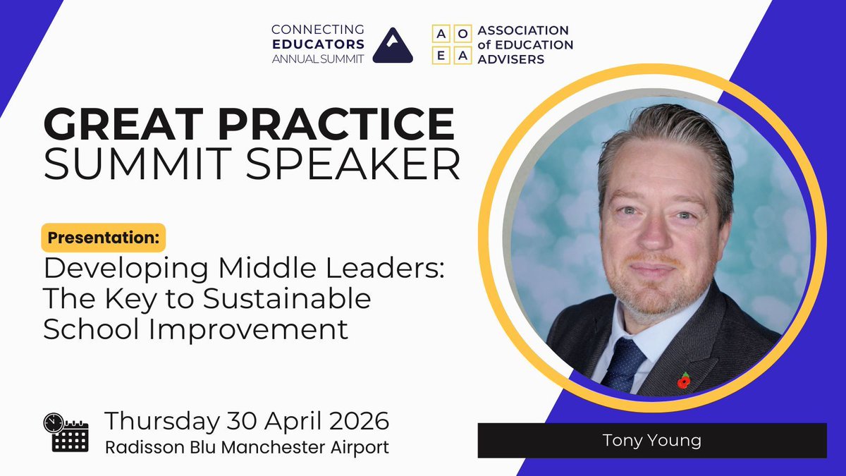 EducateAdvise's tweet photo. We are pleased to welcome @mrtyoung, Principal of Crumlin Integrated Primary School, as part of Sharing Great Practice at the 9th Annual Connecting Educators Summit.

Tony will present Developing Middle Leaders, exploring how strong middle leadership drives sustainable school improvement.

Read more: https://t.co/WggpELj43r

🎟️ Book your place: https://t.co/NG5rJUkNLf

#AoEASummit2026 #ConnectingEducators