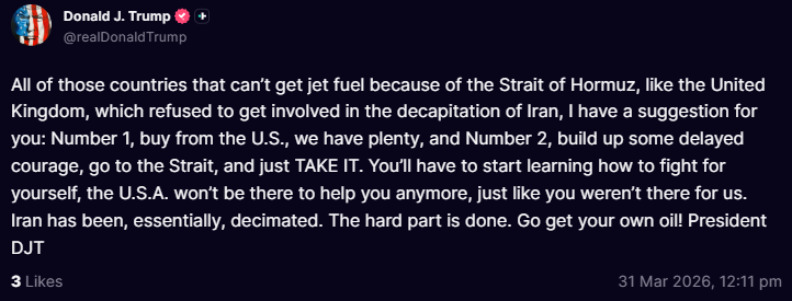 LiveSquawk's tweet photo. US Pres Trump On Iran: The US Won’t Be There To Help You Anymore
- Build Up Some Delayed Courage, Go To The Strait, And Just Take It
- Countries Should Buy Oil From US https://t.co/9Go5axdNDi