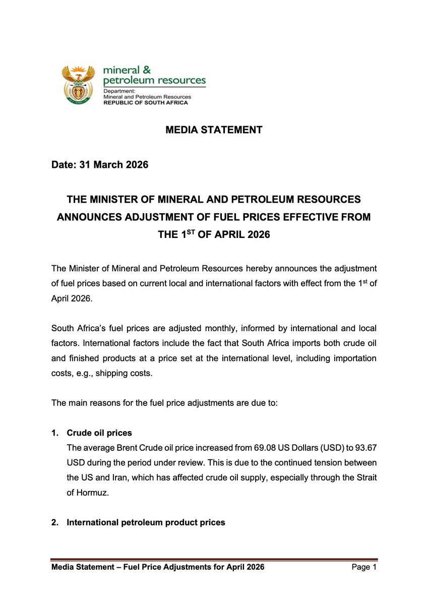 DMPR_ZA's tweet photo. THE MINISTER OF MINERAL AND PETROLEUM RESOURCES ANNOUNCES ADJUSTMENT OF FUEL PRICES EFFECTIVE FROM THE 1ST OF APRIL 2026 https://t.co/aQ9TEyCxyu