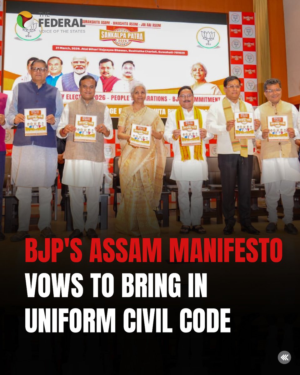 TheFederal_News's tweet photo. BJP promises to bring in Uniform Civil Code as it unveils its promises for the upcoming Assam assembly elections 2026.
Track the latest at The Federal!
#BJP #Assam #UnifromCivilCode #Elections2026 #Manifesto #NDA https://t.co/igEki6D3Em