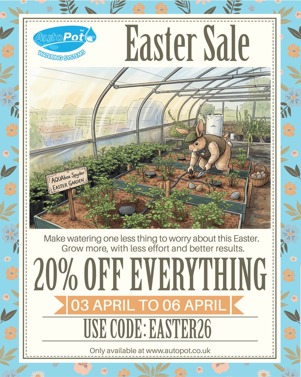AutoPotUK's tweet photo. Happy Easter UK growers 🌿🐰

Water multiple plants, effortlessly 💧

AQUAbox Spyder = smarter irrigation

✨ 20% OFF EERYTHING Using Code: EASTER26 
📅 03–06 April
👉 https://t.co/7dnyJ5pWuS

#AQUAboxSpyder #EasterSale https://t.co/JCAR5HiIeO