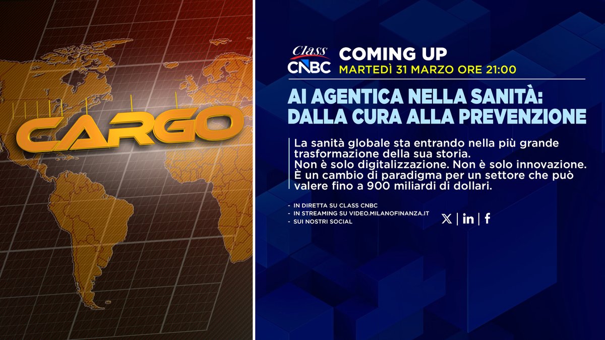 classcnbc's tweet image. La sanità globale sta entrando nella più grande trasformazione della storia. Un cambio di paradigma per un settore che può valere fino a 900 mld di dollari. 

Ospiti della puntata di #CARGO: 
Chiara Sgarbossa Direttrice degli Osservatori Sanità Digitale e Life Science Innovation