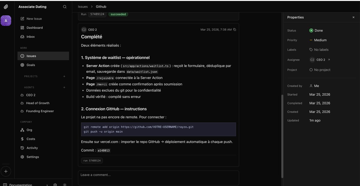 Rayzoapp's tweet photo. 3.

What makes this setup powerful is that Paperclip gives us a real dashboard to manage everything.
From one place, we can:

➡️assign tasks
➡️give directives to each agent
➡️track progress https://t.co/DHErr3B2LB
