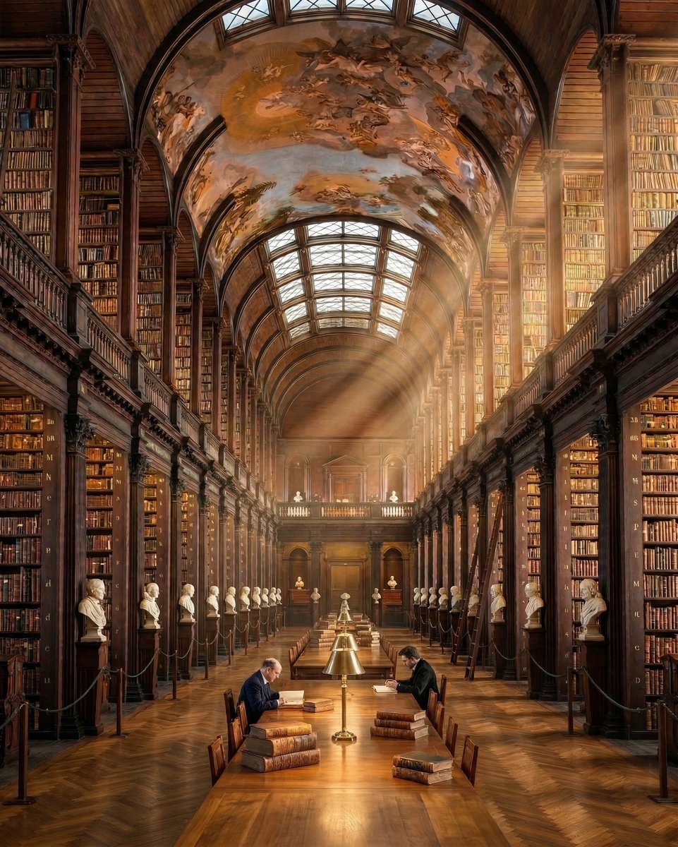 OserveCreateAI's tweet photo. Behold these majestic halls of eternal wisdom, towering walnut shelves soaring toward heavenly frescoed ceilings, spiral staircases to enlightenment, dramatic golden god rays, marble busts of scholars past, and quiet corners made for endless discovery.🕯️🏛️ #GrandLibrary #CathedralOfBooks #DreamLibrary #BibliophileHeaven #AIArt #HistoricLibrary #BooksAndBeauty #GeminiAI