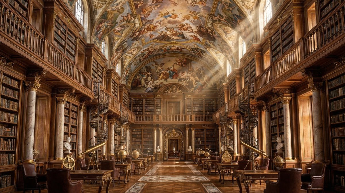 OserveCreateAI's tweet photo. Behold these majestic halls of eternal wisdom, towering walnut shelves soaring toward heavenly frescoed ceilings, spiral staircases to enlightenment, dramatic golden god rays, marble busts of scholars past, and quiet corners made for endless discovery.🕯️🏛️ #GrandLibrary #CathedralOfBooks #DreamLibrary #BibliophileHeaven #AIArt #HistoricLibrary #BooksAndBeauty #GeminiAI
