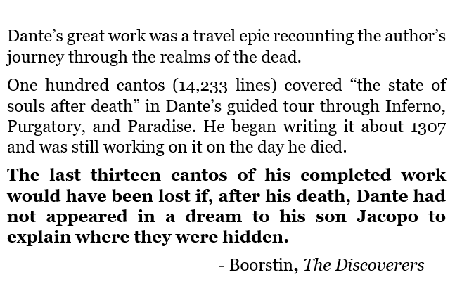 um what

"The last thirteen cantos of his completed work would have been lost if, after his death, Dante had not appeared in a dream to his son Jacopo to explain where they were hidden."