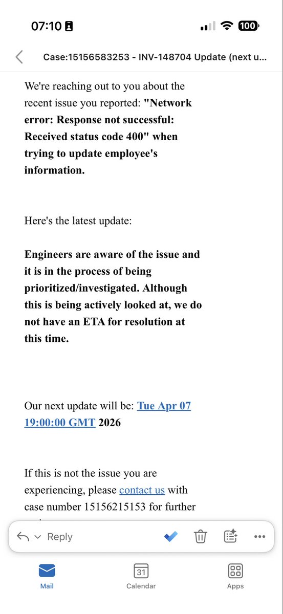 gierkink's tweet photo. @QuickBooks, @Intuit

I received this email on Friday 3/27. I’m now on day 14 of my inability to pay some employees via QuickBooks Payroll (QBP) due to a problem with a new QBP software release. I’m running payroll again today and handing out cash to some employees who I can’t pay with WBP.