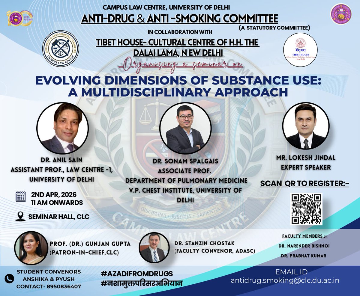 clcdu's tweet photo. Anti-Drug and Anti-Smoking Committee in collaboration with Tibet House –  Cultural Centre of H.H. the Dalai Lama, New Delhi is  organising a 'Quiz Competition' followed by a Seminar on the topic "Evolving Dimensions of Substance Use: A Multidisciplinary Approach" on 02-04-2026. https://t.co/T5gQTND28l