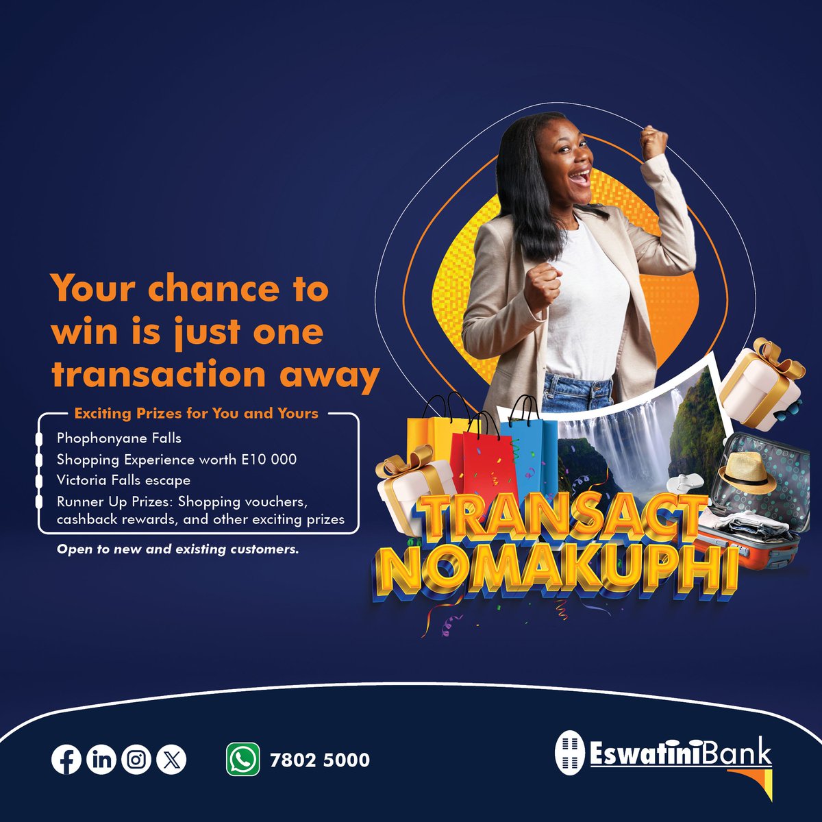 EswatiniB's tweet image. Make every transaction count 💳
Use Nomakuphi for your daily spends and you could be next.
#EswatiniBank #LibhangeLesive #TransactAndWin #Nomakuphi #DigitalBanking