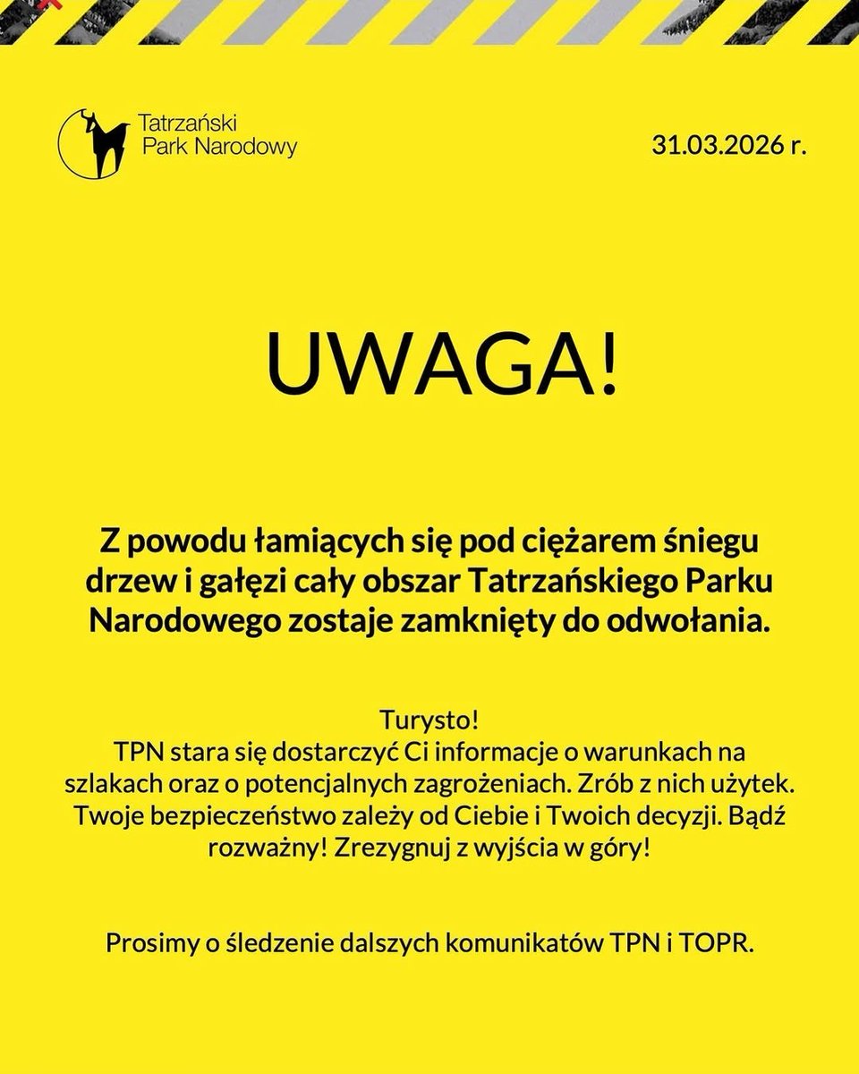 wgorach's tweet photo. Sytuacja w #Tatry jest bardzo niebezpieczna. Cały obszar @Tatrzanski_PN został ZAMKNIĘTY ‼️ https://t.co/oe44ijEV7P