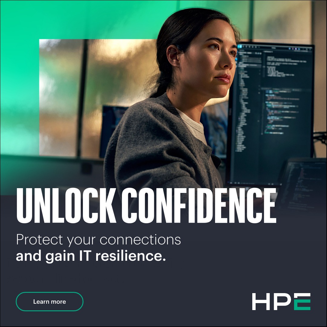 HPE's tweet photo. Protect users, apps, and data with an AI-native network. Security built in, not bolted on.