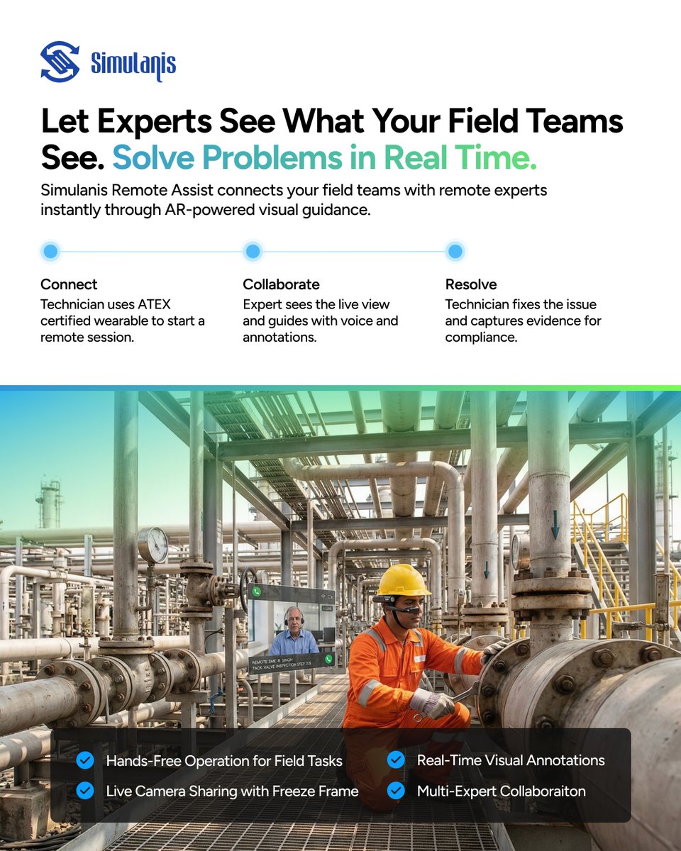 Simulanis's tweet photo. What if your remote experts didn’t need to travel to repair or troubleshoot? 

Simulanis Remote Assist connects field teams with experts in real time, while enabling workflows and knowledge capture - powered by wearable tech.

#WearableTech #AugmentedReality #SmartManufacturing https://t.co/YXWm3kLrBA