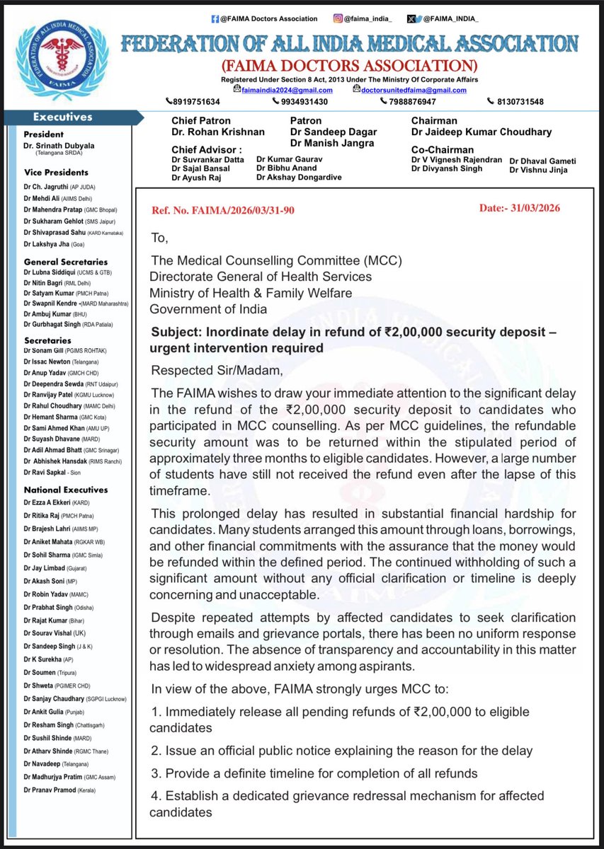 FAIMA_INDIA_'s tweet image. 🚨 FAIMA demands IMMEDIATE release of all pending ₹2,00,000 security refunds from MCC. The unjustified delay has caused severe financial distress and undermines trust in the system. 

This negligence must STOP NOW! 

#MedicalCounselling #FAIMA #MCC #RefundDelay #Accountability