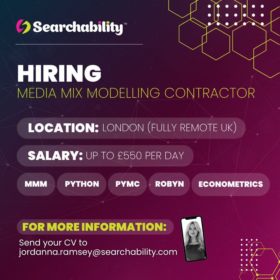 SearchabilityUK's tweet photo. We’re looking for an experienced Media Mix Modelling (MMM) Contractor to support an upcoming engagement, working within an existing Python-based modelling environment⚡

- Short-Term (12 Days Over 4 Weeks)

Find out more &amp; apply: https://t.co/RfLm5Ze9fO https://t.co/vjHrG39E4T