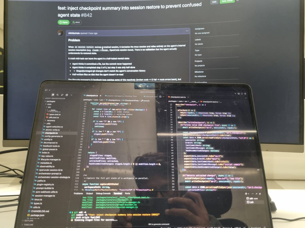 codenikhil01's tweet photo. Implementing checkpoint persistence + session restore flows 🧠
for agent-orchestrator (issue #842) @aoagents 
@AO BOT made this way smoother 🙌
Real-world infra > tutorial projects
#opensource @agent_wrapper https://t.co/OX6mPwMG85