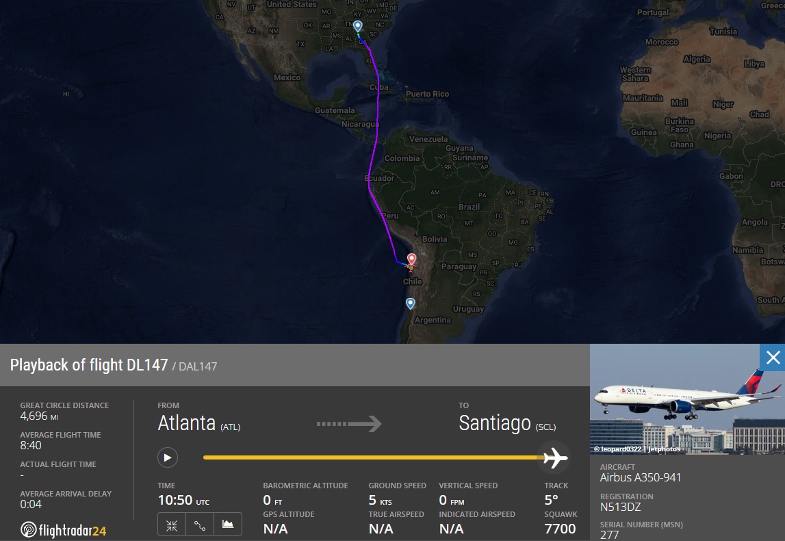 AirportWebcams's tweet image. DIVERSION: Delta #DL147 Atlanta to Santiago (Airbus A350-900 N513DZ) squawked 7700 General Emergency in the last hour &amp;amp; diverted to Antofagasta, Chile.

ANF: airportwebcams.net/antofagasta-ai…
ATL: airportwebcams.net/atlanta-hartsf…
SCL: airportwebcams.net/santiago-inter…

(c) webcam host
#aviation #airport
