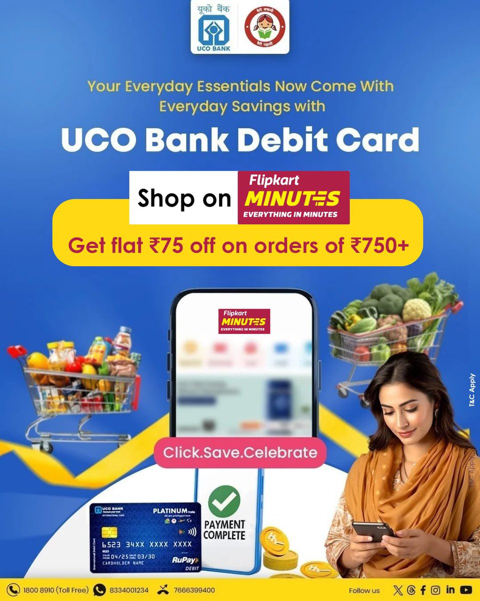UCOBankOfficial's tweet photo. Shop smart, save smarter with your UCO Bank Debit Card on Flipkart Minutes! 🛒
Get instant savings on your everyday essentials and make every purchase rewarding.
Click. Save. Celebrate. 💙
#UCOBank #DebitCardOffers #FlipkartMinutes #SmartSavings #EverydaySavings https://t.co/6dVEReW8F0