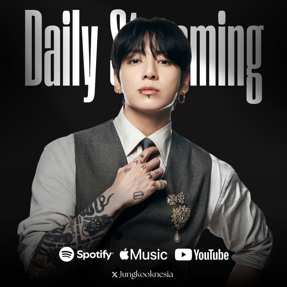 DAILY STREAMING 🥳

Let's stream harder for Jungkook, fighting! 🔥

📀 Spotify: open.spotify.com/playlist/3EKAM…
📀 AM: music.apple.com/id/playlist/ju…
📀 YouTube: youtube.com/playlist?list=…
📀 YTM: music.youtube.com/playlist?list=… (3D &amp; Yes or No focus)

STREAM SEVEN TO 3B
#정국 #JungKook