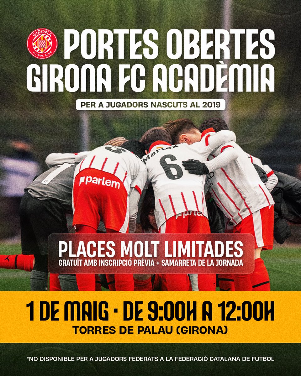 ❤️ Últimes places per la 𝗝𝗢𝗥𝗡𝗔𝗗𝗔 𝗗𝗘 𝗣𝗢𝗥𝗧𝗘𝗦 𝗢𝗕𝗘𝗥𝗧𝗘𝗦 🤍

🚸 Per jugadors del 2019 (NO federats)
📆 1 de maig de 9h a 12h
📍 Torrres de Palau

😁 Inscriu-te a uspot.io/users/girona-f…
