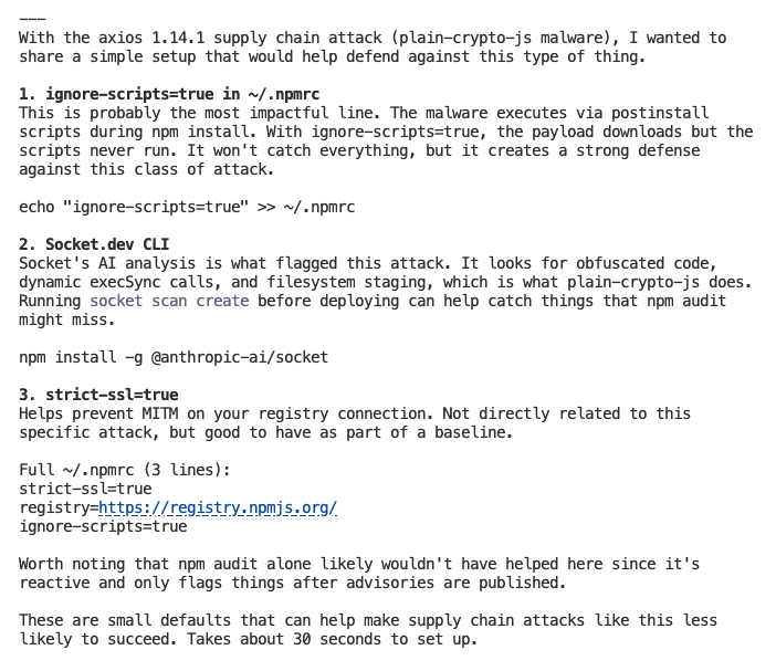 Mollahasani's tweet photo. @feross 3 lines in ~/.npmrc that would've helped defend against the axios 1.14.1 supply chain attack. https://t.co/JUHYmSmUer