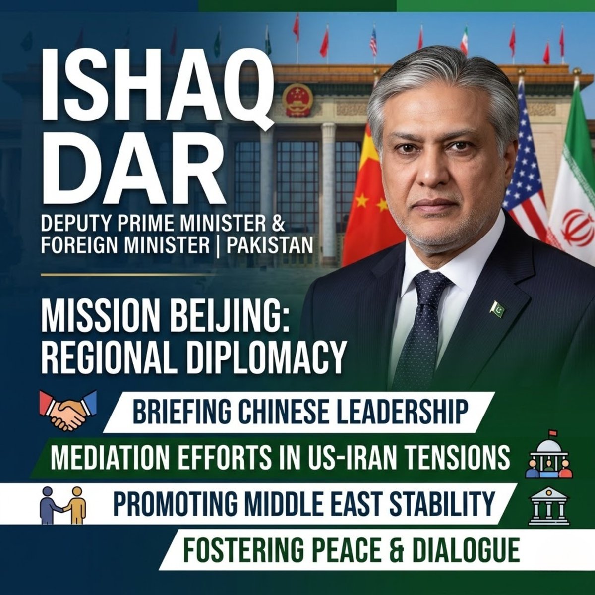 Ikram849627's tweet image. Deputy PM &amp;amp; FM Ishaq Dar to visit Beijing after regional talks in Islamabad. Will brief Chinese leadership on Pakistan’s mediation efforts for US-Iran tensions and Middle East peace initiative. #PakistanChina #RegionalStability