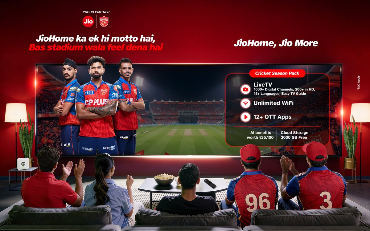 reliancejio's tweet image. Sheran wali entry, te offer bhi heavy!
Get 1 month FREE with every 3-month JioHome recharge!

Link: tiny.jio.com/JioHomeOffer

#JioHome #PunjabKings #Jio #CricketSeasonPack