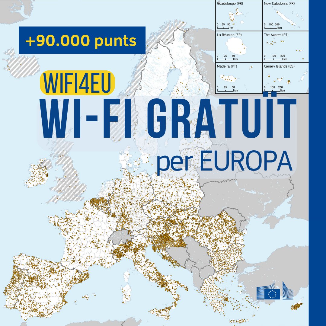ComissioEuropea's tweet photo. Mentre estàs de vacances pots connectar-te arreu d'Europa amb #WiFi4EU!
Internet gratuït i d'alta velocitat en espais públics. Hi ha +90.000 punts d'accés!
Troba el punt més proper: https://t.co/xGY6WlRSBf🔗 https://t.co/kUtdQWz0aL