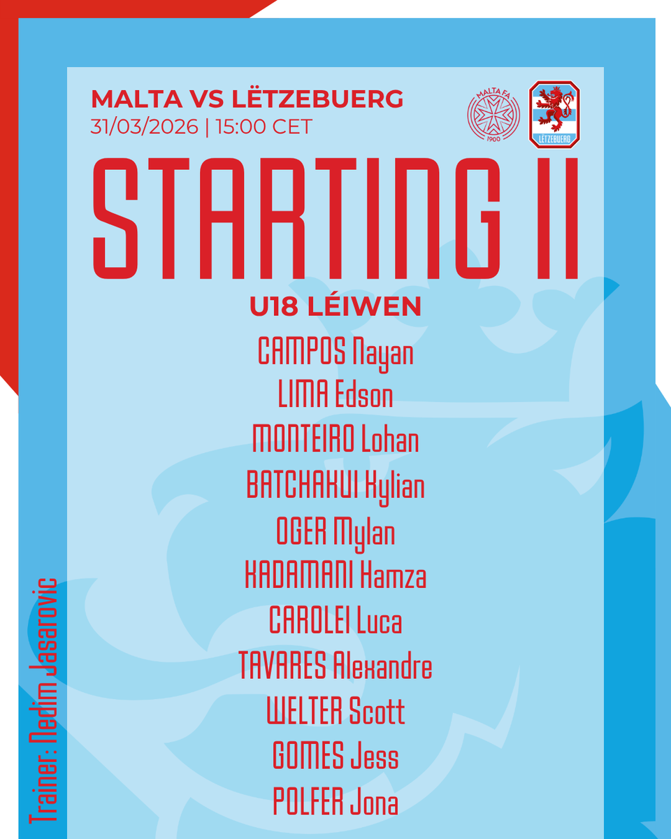 flf_lu's tweet photo. TEAM NEWS📋🔴🦁
#RoudeLéiwHuelSe #U18Léiwen #MLTLUX https://t.co/3o1R4DiUmL