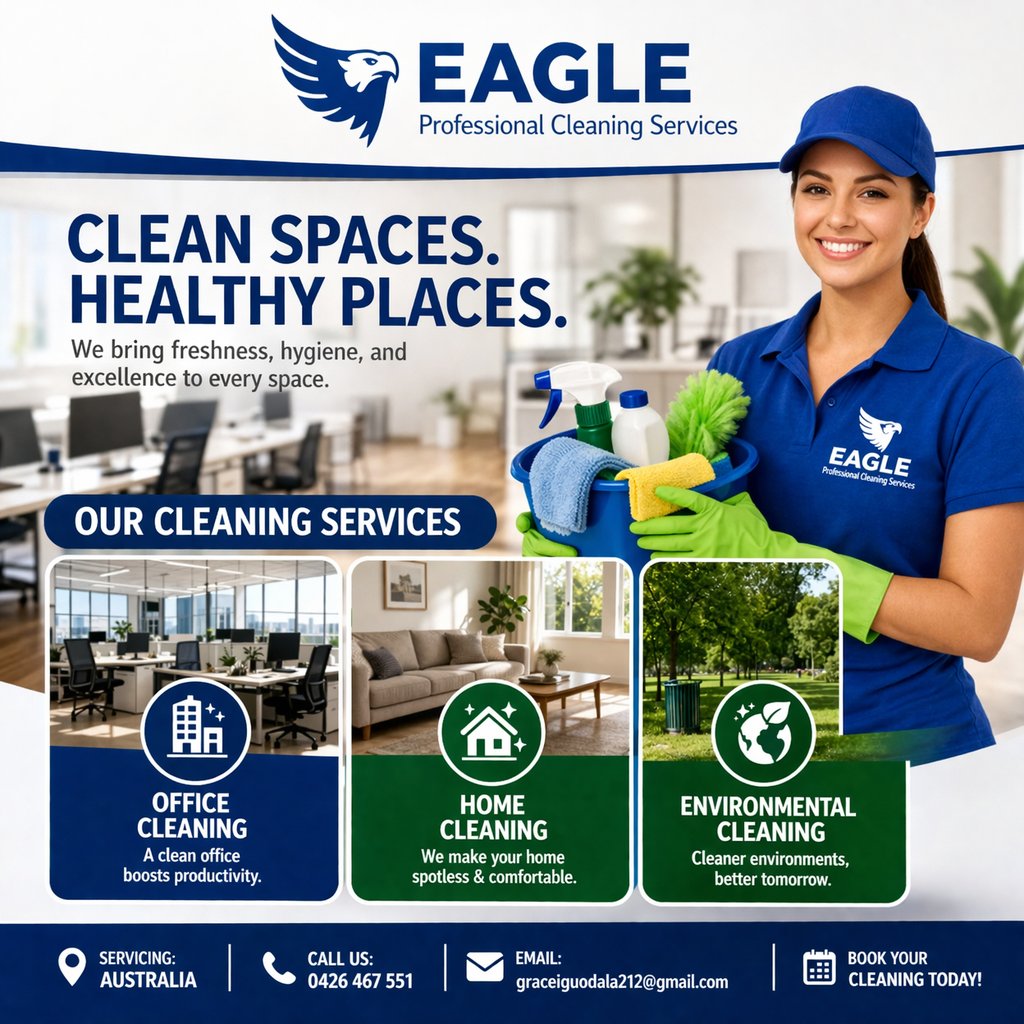 ✨ Clean Spaces. Healthy Places. ✨
Your environment speaks before you do — make sure it’s saying the right thing.
At Eagle Professional Cleaning Services, we deliver spotless results you can see and freshness you can feel 🧼
🏢 Office Cleaning
🏠 Home Cleaning
🌿 Environmental
