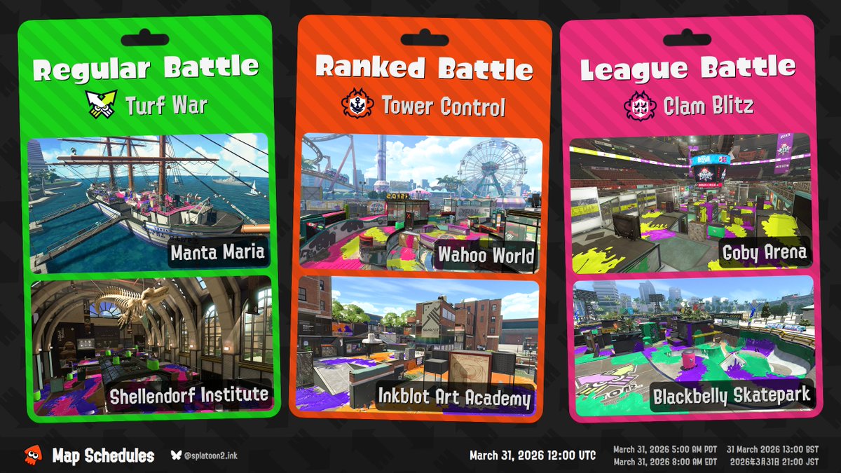 Splatoon 2 map rotation: Ranked game mode: Tower Control, League game mode: Clam Blitz #maprotation
