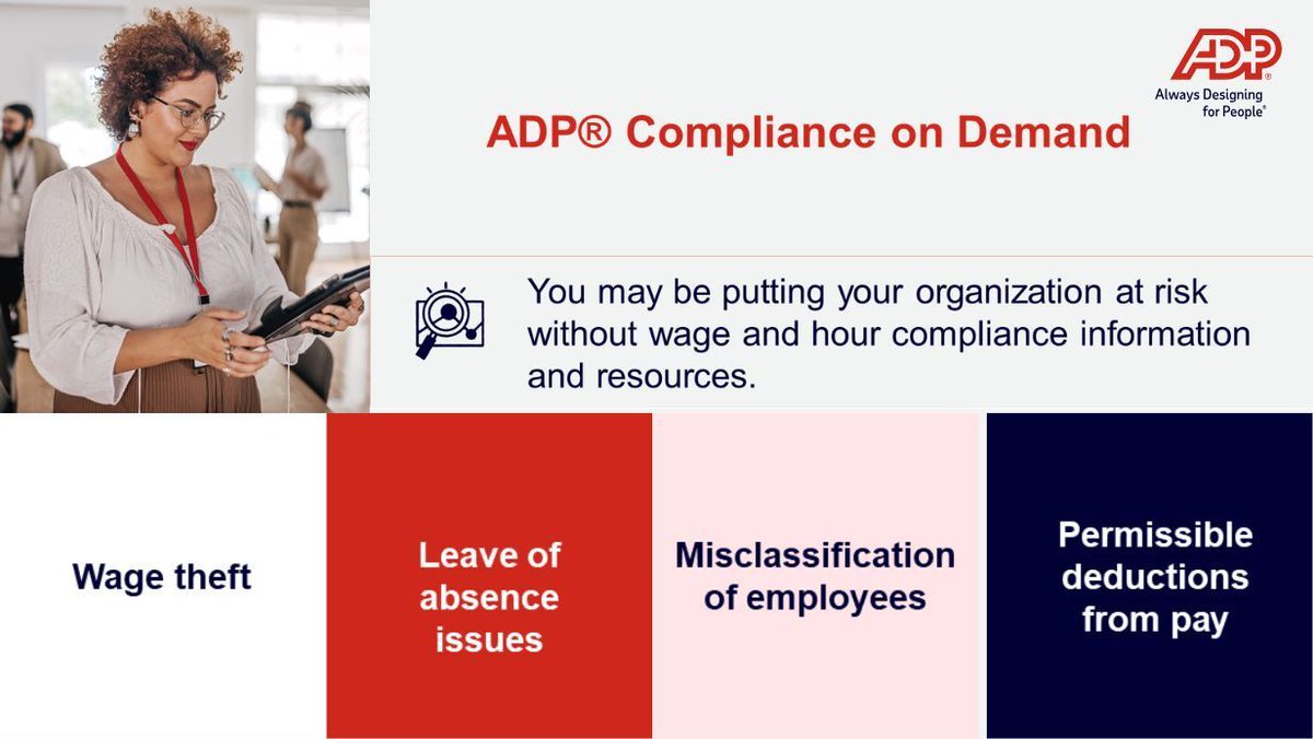 uvanicola's tweet photo. Stay ahead of regulations and reduce liability with ADP Compliance on Demand. Access a tailored resource database and enjoy personalized support.  Simplify compliance and mitigate risks.
https://t.co/gCBMt0z6SN
#HR #HumanResources https://t.co/udL4SDeHaA