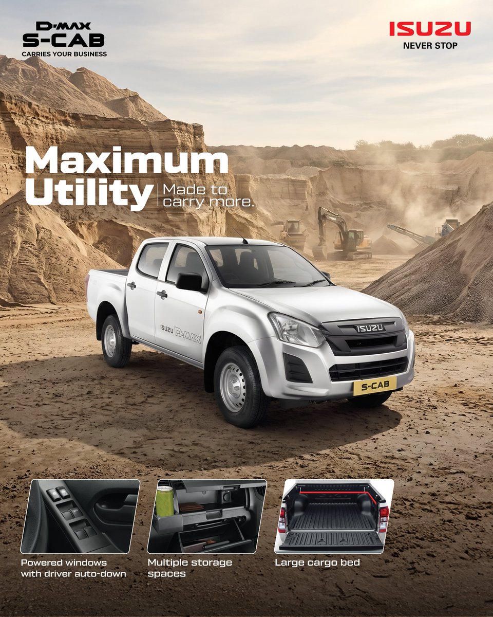 IsuzuIndia's tweet image. The ISUZU S-CAB delivers maximum utility with:

• Powered windows with driver auto-down for quick, effortless control.
• Multiple storage spacesto keep every workday organized.
• A large cargo bedthat’s ready for heavier, longer, and larger loads.

#IsuzuIndia #SCab #NeverStop