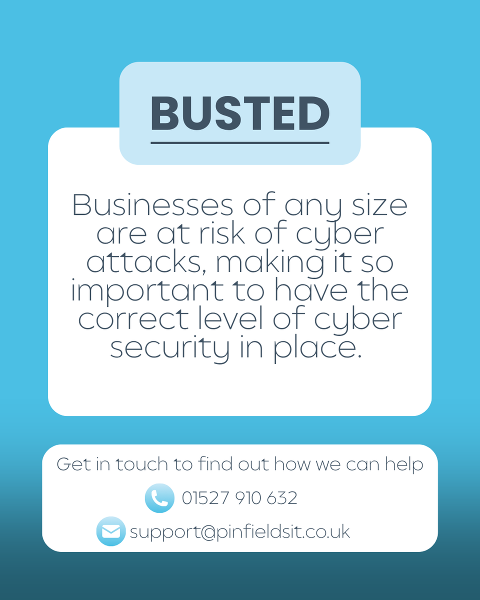 A common misconception is that smaller businesses are less likely to be the target of #cyberattacks.
The reality is that any business is at risk.

At Pinfields IT, the security of your IT systems and data is paramount, get in touch to find out how we can help!
 
📞 01527 910632