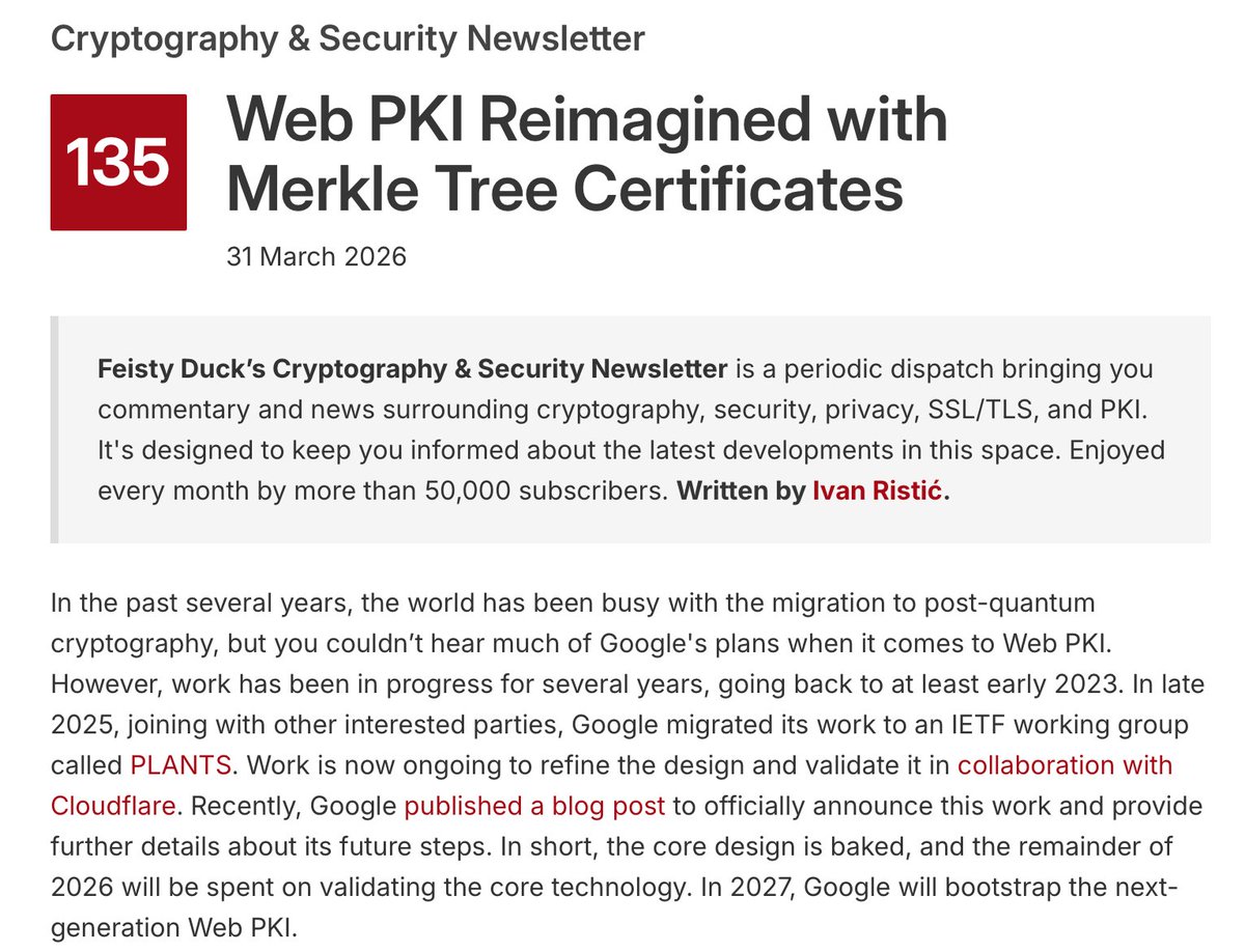 feistyduck's tweet photo. Cryptography &amp; Security Newsletter is out! In this issue: 
- Web PKI Reimagined with Merkle Tree Certificates
- Google’s Quantum Breakthrough?
- Encrypted Client Hello
- Short News
https://t.co/5L3q4UmbC5 https://t.co/o369PuJlg7