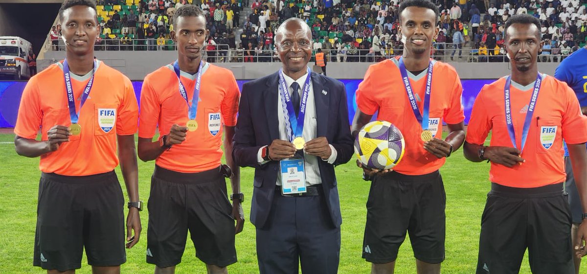 Awuyeyusuf's tweet photo. Pleased to share a moment with the FIFA Referees from Somalia after the final match of the FIFA Series 2026 in Rwanda, where CAF emerged 2-0 winners over UEFA. Another proud day of football, friendship and international collaboration. https://t.co/F8PPvPcOp2