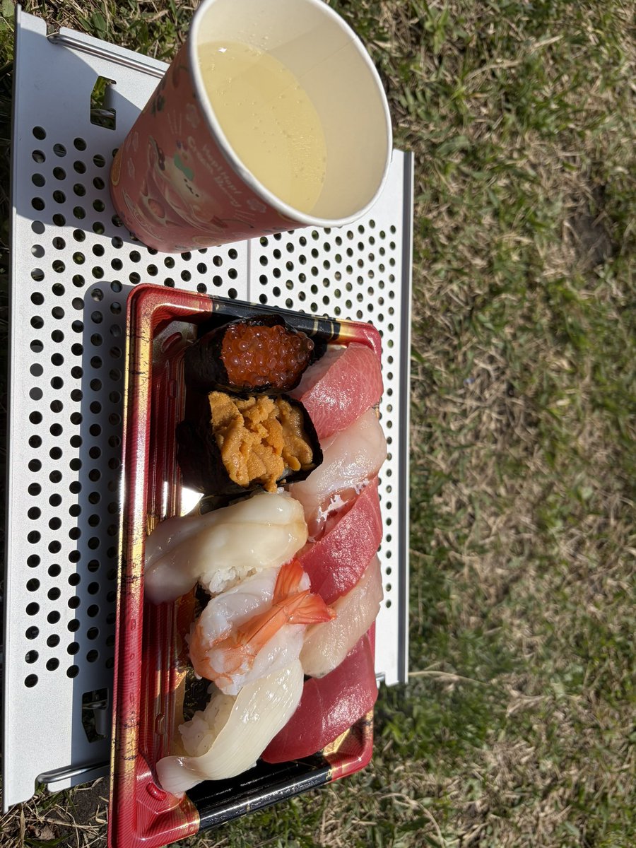 uril4's tweet photo. 週末はお花見🌸
近くの公園まで激坂を登って、お寿司＆🍶！
2人で四合瓶をソッコー空けてしまったww

お花見って平和でアウトサイドでお酒飲めて、だーいすき！ https://t.co/WtMResK4xF