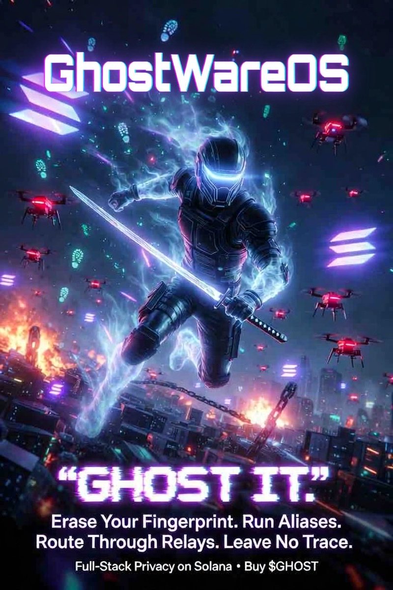 AiCryptoTitan's tweet photo. Stop being tracked. Every Solana tx tells a story. GhostWareOS burns the evidence. Private payments, cross-chain bridges &amp; more — all invisible. Freedom starts here.  @GhostWareOS https://t.co/LTFzAC856t