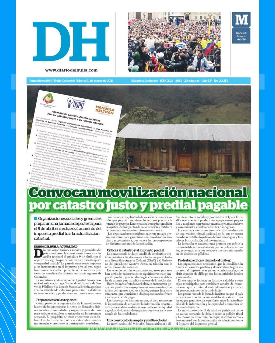 diariodelhuila's tweet image. #DH 📰✨ ¡Arranca el día bien informado con la portada y contraportada del Diario del Huila! 🌞📖

¡Buenos días, lectores! ☀️ Te compartimos la portada y la contraportada del Diario del Huila 🗞️ para este martes 31 de marzo, con los temas más relevantes que marcan la actualidad