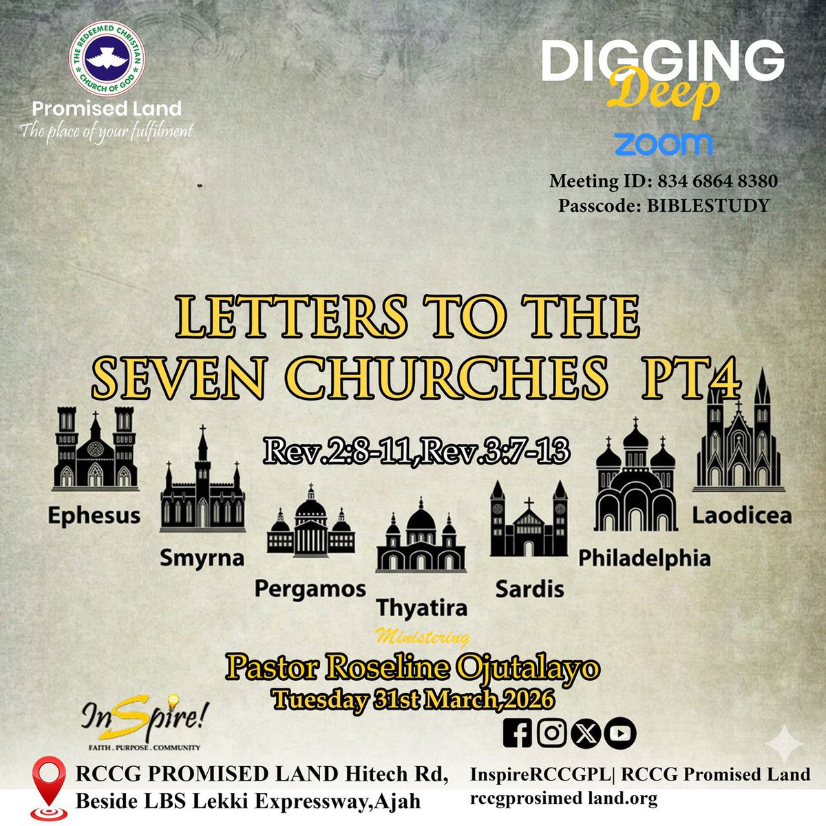 RCCGPromisedLan's tweet photo. #DiggingDeepService
Join us again tonight as we continue in our bible study teachings

Topic LETTERS TO THE SEVEN CHURCES PT4
Bible Text: Rev. 2:8-11, Rev. 3:7-13
Ministering Pastor Roseline Ojutalayo
Time 6:30PM
Venue: ONLINE ONLY
Also streaming LIVE on all our digital platforms https://t.co/74uptylrMB