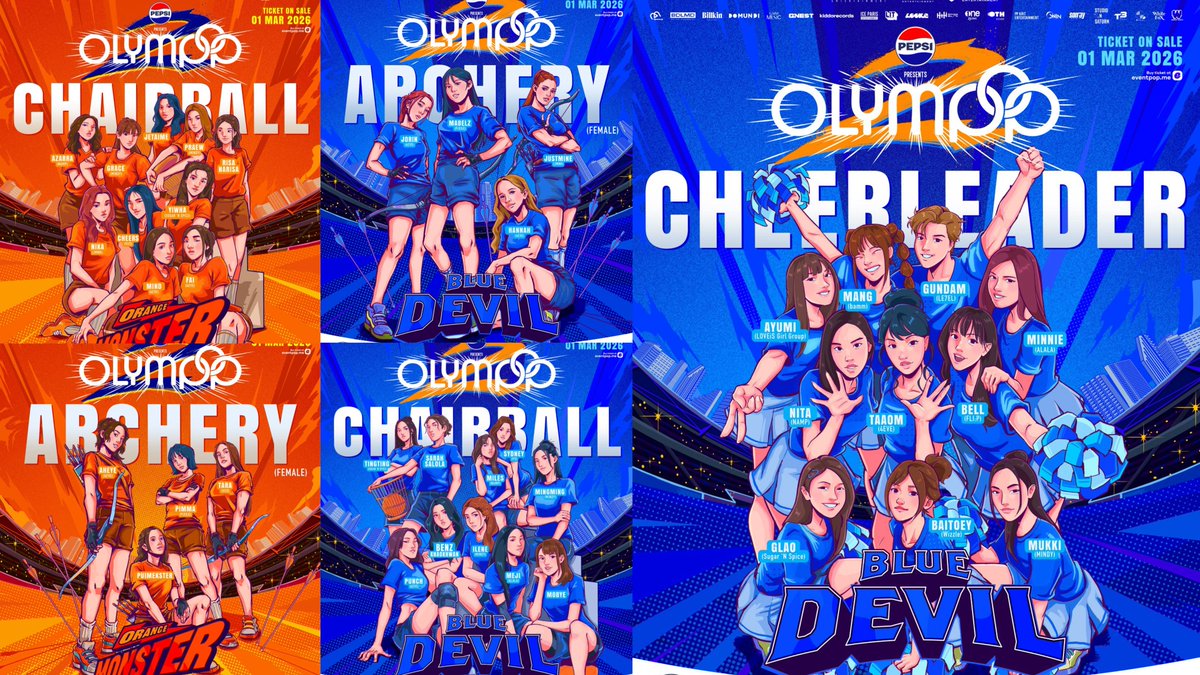 ⭐️ Olympop 4EVE ⭐️

🧡Mind — CHAIRBALL 🪑🏐
💙Jorin — ARCHERY 🏹
💙Taaom — CHEERLEADER 📣
💙Hannah — ARCHERY 🏹
🧡Fai — CHAIRBALL 🪑🏐
💙Punch — CHAIRBALL 🪑🏐
🧡Aheye — ARCHERY 🏹

กว่าจะลงครบนะคับบบ