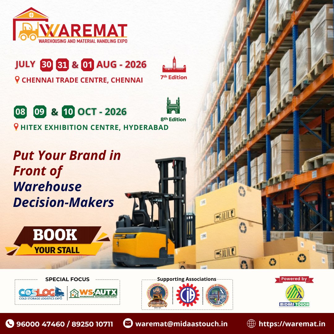 WAREMAT 2026 is here!
Connect with warehouse decision-makers &amp; grow your business.
📍 Chennai | July 30, 31 &amp; Aug 01, 2026
📍 Hyderabad | Oct 08, 09 &amp; 10, 2026
🎯 Book Your Stall
📞 96000 47460 | 89250 10711
🌐 waremat.in
#WAREMAT2026 #Warehousing #MaterialHandling