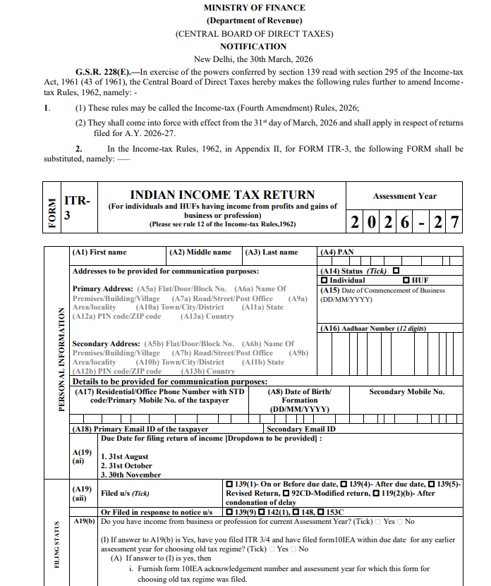 CAclubindia's tweet photo. CBDT Notifies New ITR-3 Form for AY 2026-27 #IncomeTax