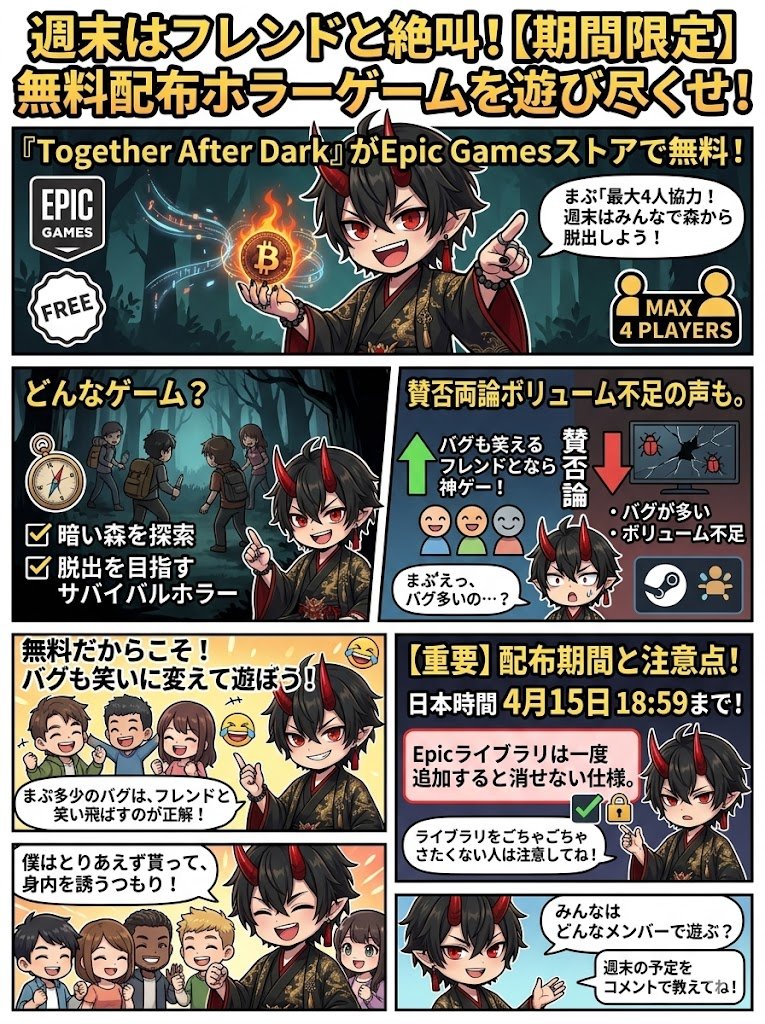 mapupresident's tweet image. #EpicGames #TogetherAfterDark 

週末にフレンドと絶叫しながら遊ぶにはちょうどいいかも。

Epic Gamesストアで最大4人協力のホラーゲーム『Together After Dark』が期間限定で無料配布されてるみたいだね。

配布期間は日本時間の4月15日の18時59分まで。