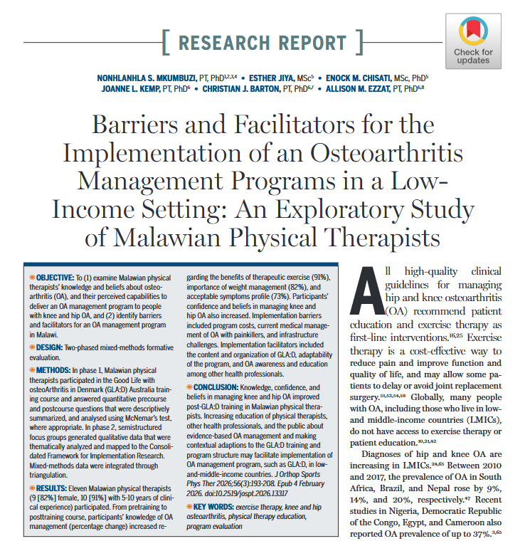 JOSPT's tweet photo. NEW #ResearchReport on the implementation of #Osteoarthritis management programs in a low-income setting
Find out if there are lessons that can be transferred to your own setting ➡️ https://t.co/O9FtfrXStA
#GLAD #Arthritis #Exercise #yourJOSPT https://t.co/VQDUvrVue0