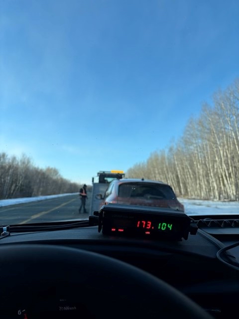 RCMPNB's tweet image. Recently, a member of the Chaleur Region #RCMPNB stopped a vehicle on Route 11 in Janeville for travelling 173 km/h in a 100 km/h zone. The driver was issued a $604.50 fine and the vehicle was impounded for 7 days. #SlowDown