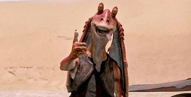 okcerk's tweet photo. @BallerToy1327 Take a closer look, Qui Gon leaves the store with Jar Jar and they were basically done there. Then this idiot tries to steal some meat from a stand and causes too much noise there. THAT makes Anakin come out of the store AND talk again with Qui Gon, otherwise it was a done deal. https://t.co/sN0te9v2Jb