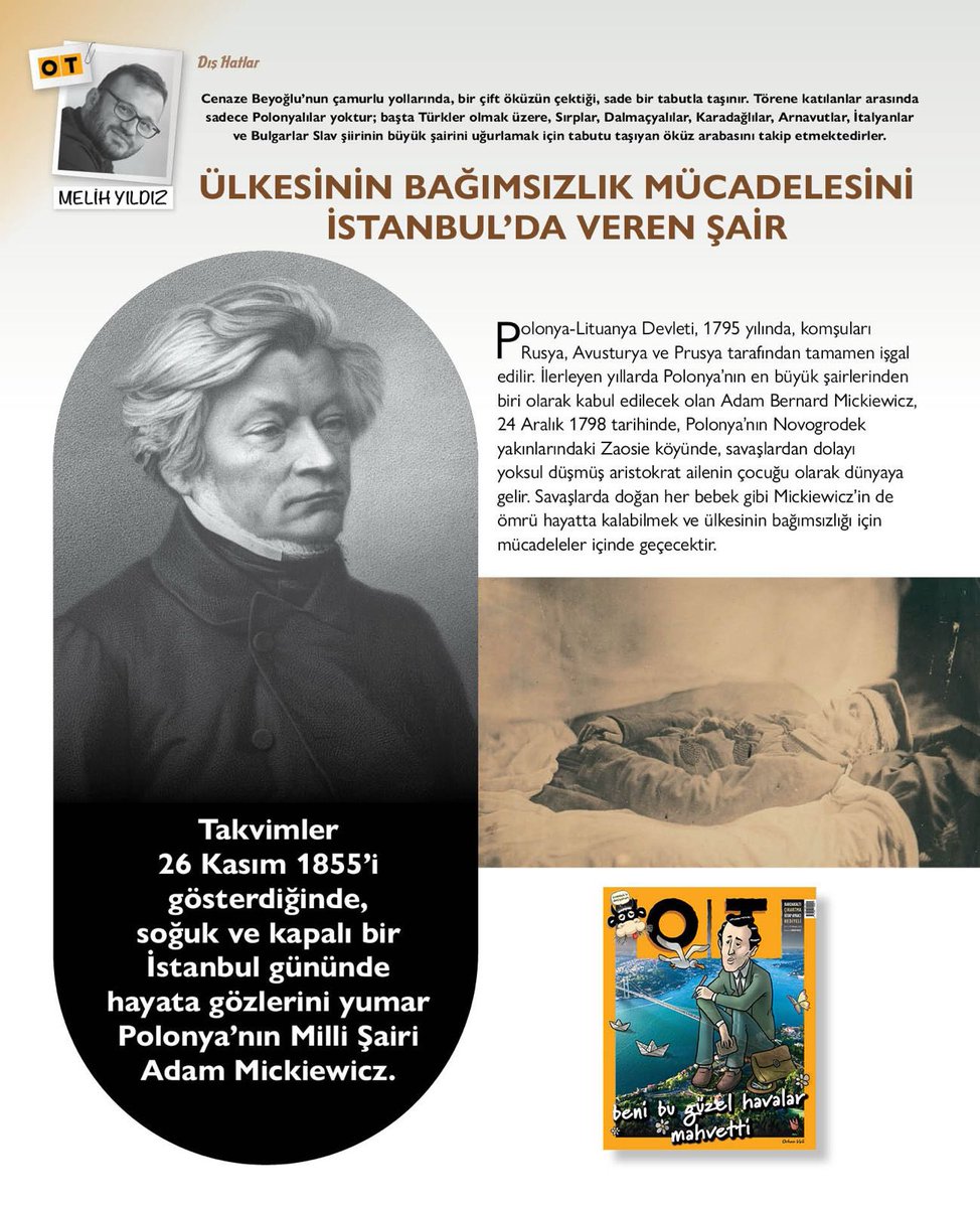 melihyildiz061's tweet photo. Ülkesinin bağımsızlık mücadelesine ömrünü, bu uğurda son nefesini de İstanbul’da veren Polonya’nın Milli Şairi Adam Mickiewciz’in hikâyesini @dergiot için yazdım.
#otdergi #adammickiewicz #polonya https://t.co/MBQZV6jEmI